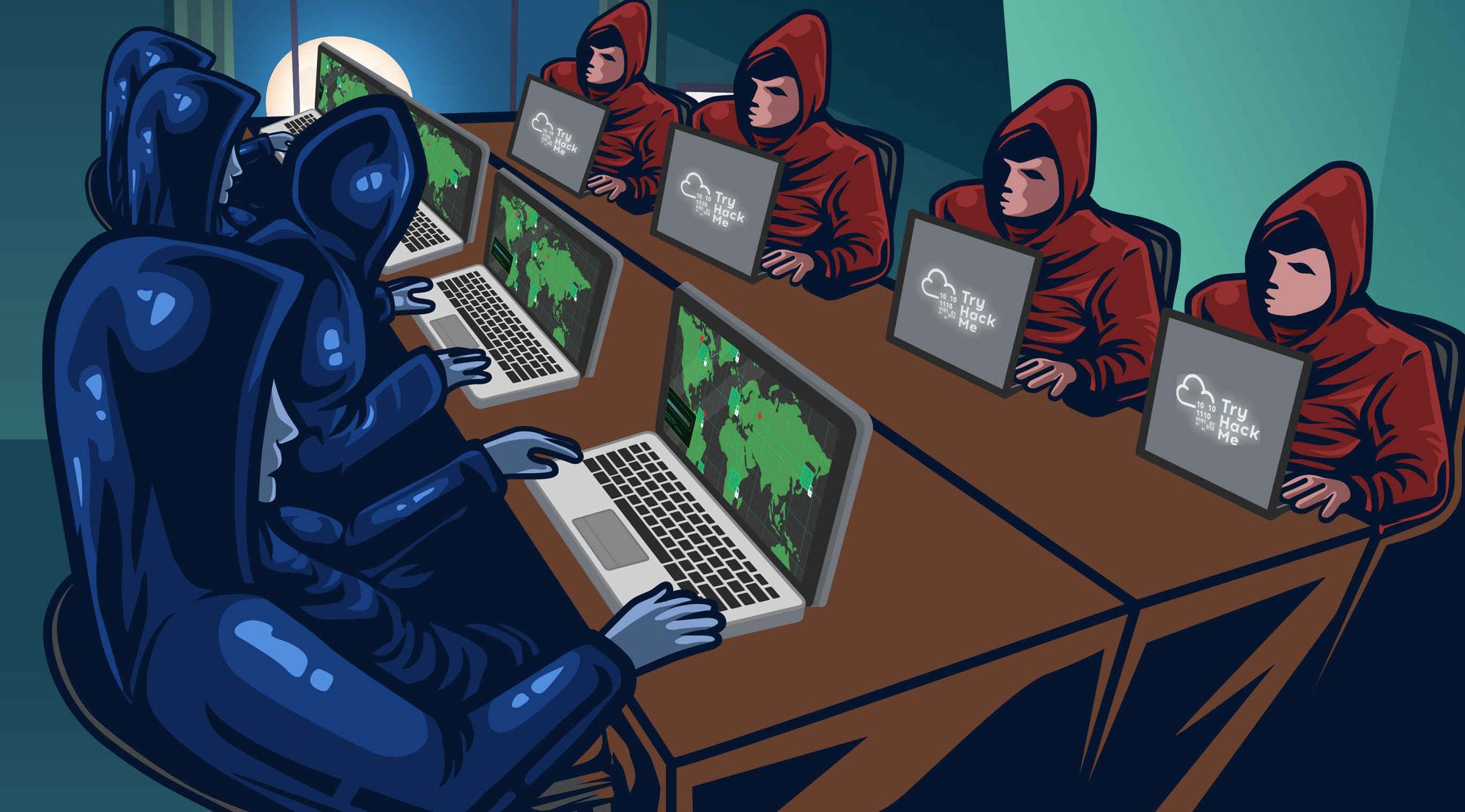 Hackers and defenders sat along a table on laptops 