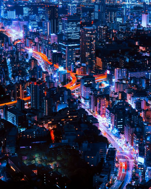 Neon city bird's-eye view at night  