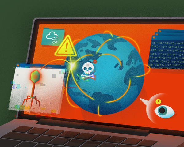 Laptop screen showing threats, code, and hacks around a globe