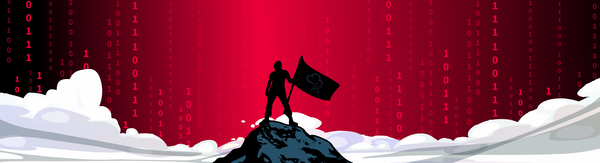 Person holding flag on a hill with red code backdrop 