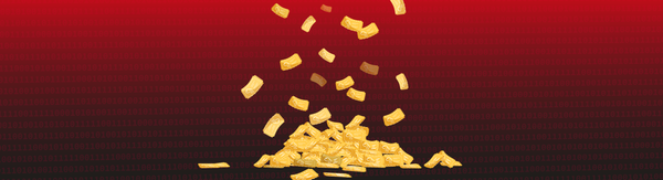 Golden tickets falling down with red binary background